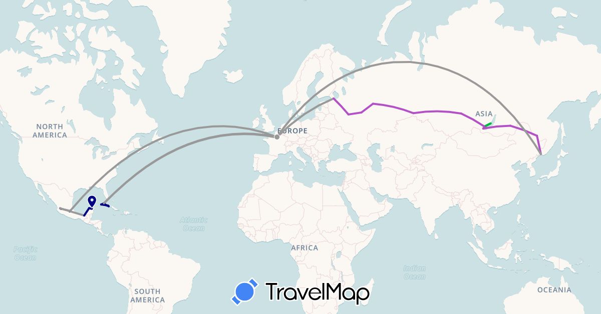 TravelMap itinerary: driving, bus, plane, train, hiking in Cuba, France, Mexico, Russia (Europe, North America)
